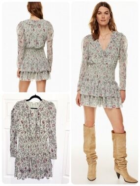 Aritzia Wilfred Poem Tiered Mini Dress Floral Ruffled Sage Green Size Medium